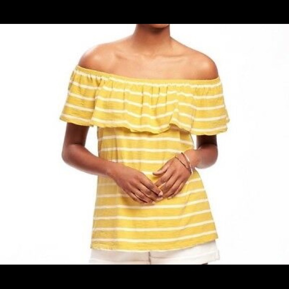 yellow striped off the shoulder top